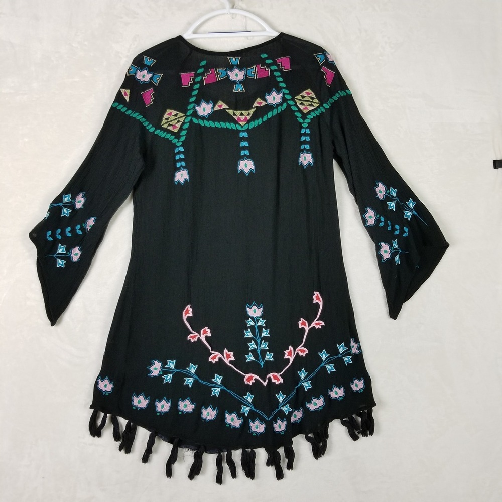 Sundance Tunic Dress Women L Black Embroidered Tassel Bell Sleeve Boho 106s - Picture 3 of 7